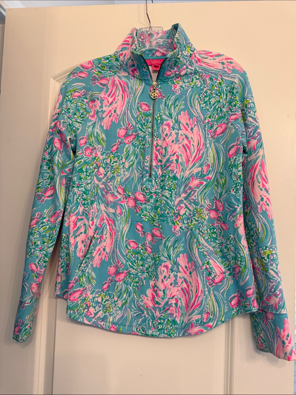 Lilly Pulitzer Teal Pullover with Pink & Green Floral Print